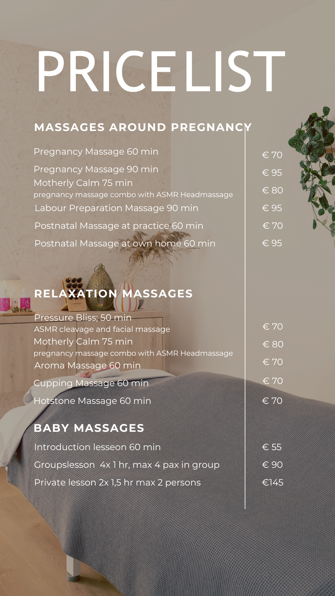 Price List Pregnancy Relaxation and Baby Massages